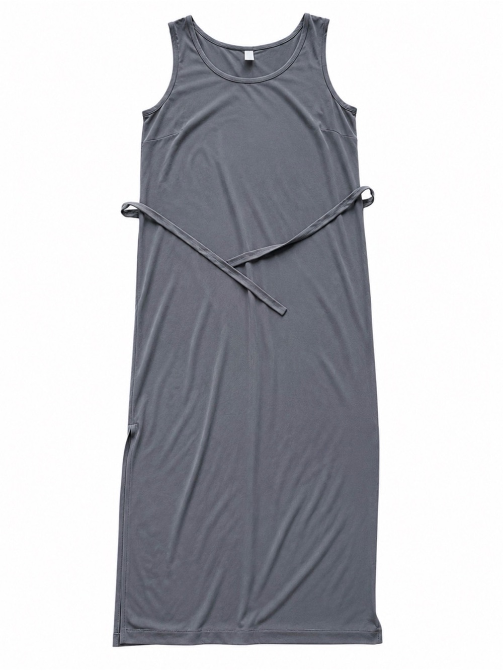 Sleeveless Gray Maxi Dress XL 1X Side Slit Minimalist Tie Waist Stretchy - Picture 2 of 5